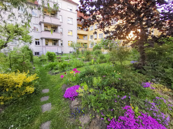 ein Garten, im Hintergrund Wohnhäuser