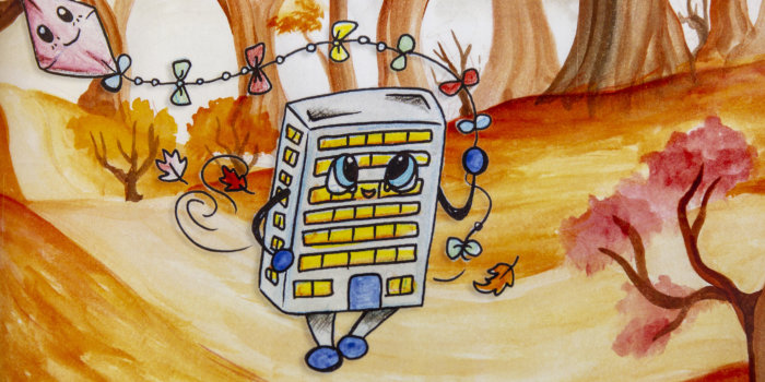Lustige, farbige Zeichnung: ein kleiner Roboter mit fliegendem Drachen läuft durch einen Wald