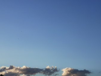 grau-weißer schmaler Wolkenstreifen vor blauem, nach unten heller werdendem Himmel