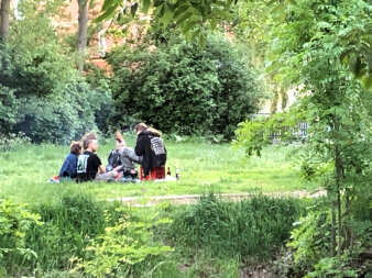 eine Gruppe von Menschen sitzt auf einer grünen Wiese, zwei tragen einen Irokesen-Haarschnitt