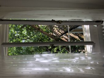 Ein geöffnetes Fenster mit weißen Gardinen, dahinter ein Baum und ein Dach.