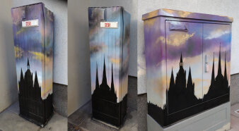 Graffiti-Projekt Medienkästen gestaltet mit Erfurter Dom und Severikirche
