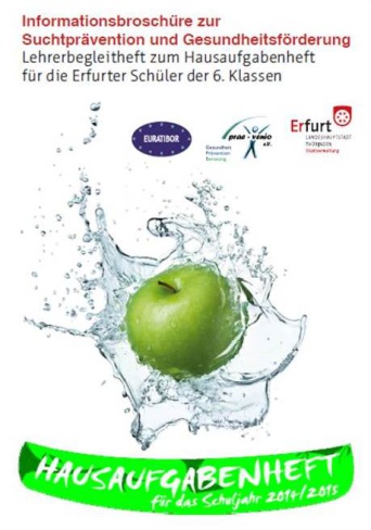 Die Titelseite der Informationsbroschüre zum Hausaufgabenheft für das Schuljahr 2014/2015 zeigt einen von Wassersegmenten umspülten großen grünen Apfel.
