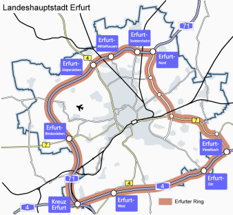 Es ist der äußere Erfurter Ring grafisch dargestellt. Er setzt sich zusammen aus BAB 4 im Süden, der BAB 71 im Westen und Norden und der B 7 im Osten. Von diesem Ring gibt es 6 Autobahnabfahrten um in die Stadt Erfurt zu gelangen. 
