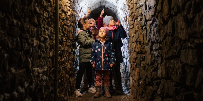 Vier Kinder sind mit Taschenlampen in einem unterirdischen Gang unterwegs und sehen sich um.