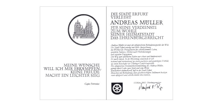 Foto: Ehrenbürger Urkunde Andreas Müller Teaser © Stadtverwaltung Erfurt Ehrenbürger Urkunde Andreas Müller Teaser