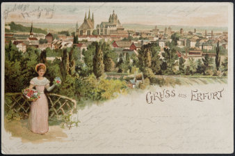 Postkarte mit Blick auf Altstadt im Hintergrund Dom und Severikirche und handgeschriebenen Text