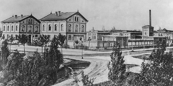 Schwarz-Weiß-Zeichnung eines Industriekomplexes. Im Vordergrund sind Bäume gezeichnet worden. 