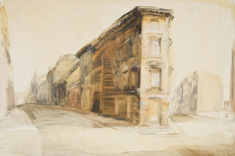 Eine Straßengabelung, in Pastell ausgeführt.