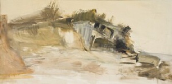 In Pastell gehaltene Zeichnung eines verfallenen Bunkers