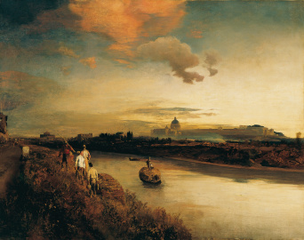 Ein Fluss in mystisch-romantischer Stimmung. Links am Flussufer laufen Menschen. Im Hintergrund rechts die Gebäude des Vatikans.