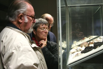 Drei Besucher, links im Bild, schauen auf eine Vitrine, die sich rechts befindet.