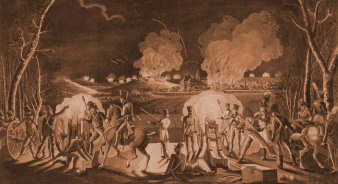Kämpfende Soldaten vor der Kulisse des brennenden Domplatzes