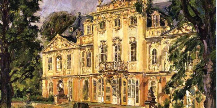 Ein in Gelb-Tönen gehaltenes Gemälde, welches ein Schloss abbildet.