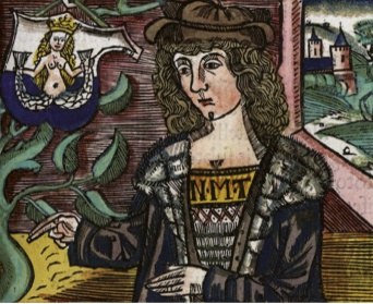 Patrizier mit langen Haaren, Hut und Fellrobe. Rechts ein Fenster mit Ausblick auf eine Burg. Links eine Meerjungfrau mit zwei Schwanzflossen im Wappenschild.