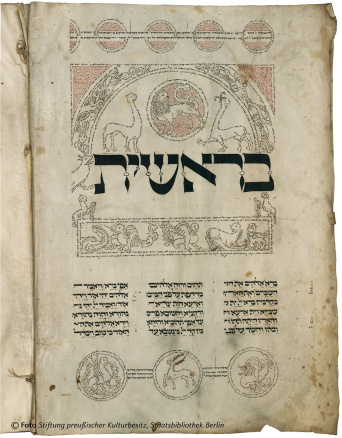 Ein Blatt aus einer alten Pergamenthandschrift mit mikrographischen Illustrationen. Text in hebräischer und aramäischer Sprache.