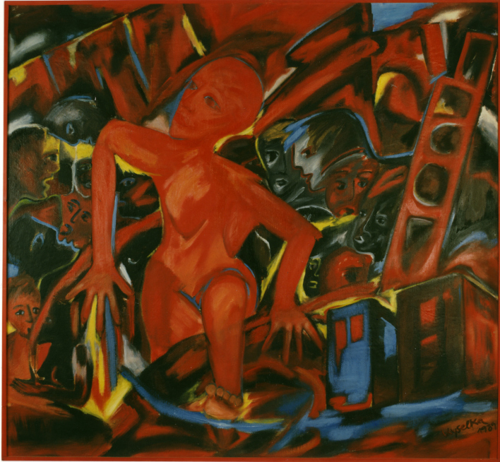 Eine in Rot gemalte Frau, die einer Menschengruppe entsteigt.