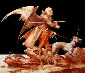 Menschliche Engel-Darstellung mit Flügeln in Orange-Braun-Tönen. Fabelwesen.