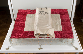 Auf einem Pult eine rot umrandete Decke, darauf die Torarolle, die in einer beigen Hülle liegt.