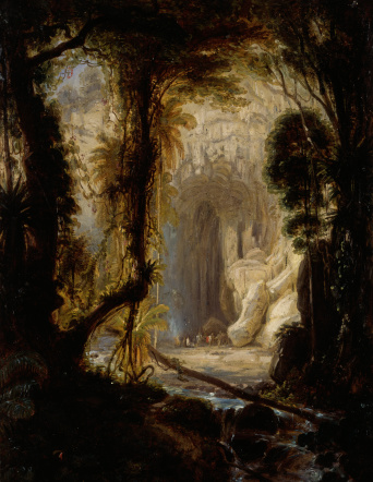 Foto: Ferdinand Bellermann: Die Guácharo-Höhle, 1843, Öl auf Leinwand, 42,4 x 36,1 cm © Staatliche Museen zu Berlin, Kupferstichkabinett / Foto: Volker H. Schneider Blick aus dem Dunklen in eine hell erleuchtete Höhle, darinnen Menschen.