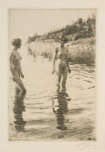 Zwei nackte Damen am Wasser.