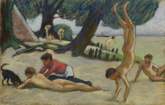 Foto: Ludwig von Hofmann, Knaben am Strand, um 1895 Pastell, 24,9 x 34,4 cm © bpk / Staatliche Museen zu Berlin, Kupferstichkabinett / Jörg P. Anders Acht Jungen und ein Hund an einem Sandstrand.