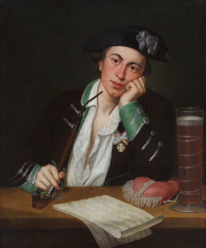 Jacob Samuel Beck: Bildnis Joseph Martin Kraus (1756-1792), ca. 1775. Öl auf Leinwand, 80 x 65,8 cm Junger Herr mit Pfeife in zeittypischer Kleidung. Neben der dargestellten Person ein Bierglas, im Vordergrund ein Notenblatt.