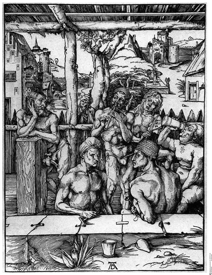 Albrecht Dürer: Das Männerbad, 1496/97, Holzschnitt, 39 x 28,2 cm Schwarz-Weiß-Darstellung nackter Herren, die miteinander sprechen, musizieren und trinken.