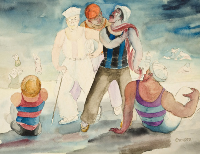 Heinrich Ehmsen: Mittelmeerbad, 1928, Bleistift und Aquarell, 33,8 x 41,8 cm Menschen am Strand.