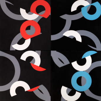 Graphische Bildgestaltung mit Kreisfragmenten in Rot, Weiß, Grau und Blau auf schwarzem Grund