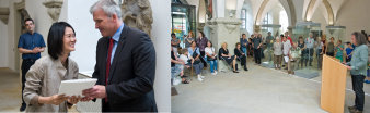 Montage von zwei Fotos im Foyer des Angermuseums: links: Oberbürgermeister Bausewein mit Frau Chun, rechts: Redner Herr Prof. Dr. Schierz, Direktor der Kunstmuseen am Stehpult mit Publikum