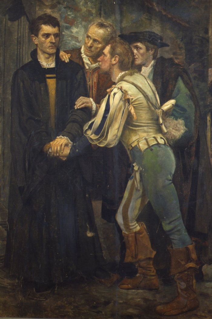 Luther nimmt an der Pforte des Augustinerklosters Abschied von seinen Freunden Drei Männer bedrängen den jungen Luther.