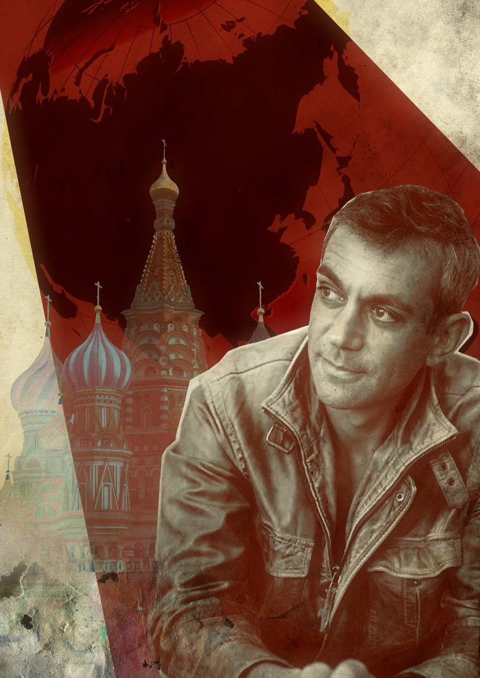 Wladimir Kaminer ist zu Gast im Erfurter Angermuseum Herr in Lederjacke im Vordergrund, im Hintergrund die Kathedrale des seligen Basilius auf dem Roten Platz in Moskau, graphisch in Szene gesetzt.