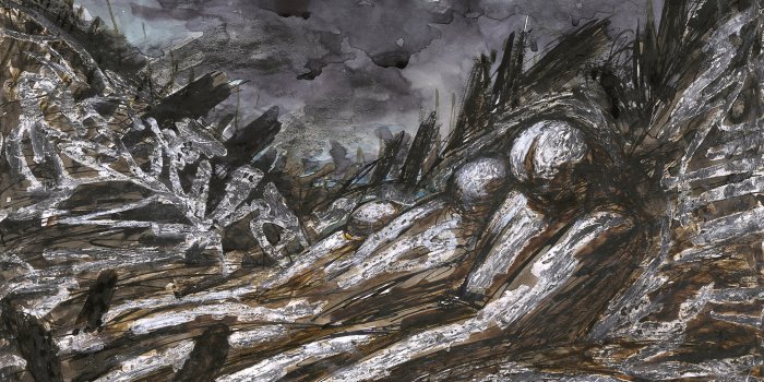 Bild: Gerhard Kurt Müller, Blatt XLI aus der Serie "La Grande Guerre", 2003, Feder, Ölpastell, Aquarell, 25,9 x 36,5 cm © Fotostudio Bartels, Helmbrechts, Leipzig düsteres Kriegsbild, dunkler Himmel, Tote im Vordergrund