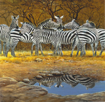Sieben Tiere in einer Landschaft