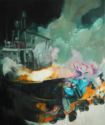 Bild: Michal Schmidt, Restituta III, 2016, Öl auf Leinwand, 170 x 140 cm © Michal Schmidt Brennendes Schiff, darunter Flüchtlinge.