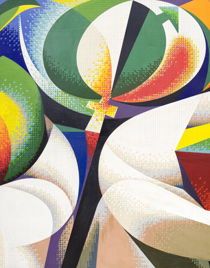 Josep Renau, Entwurf zum Erfurter Wandbild (Detail), 1982, Mischtechnik auf Holz Farbmosaik mit Kreuz in der Mitte.