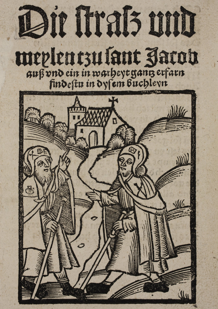 Titelillustration einer Ausgabe des ersten deutschen Pilgerführers, Hermann Künig von Vach, Leipzig 1521 Holzschnitt zweier Pilger vor einer Kirche, darüber historische Schrift