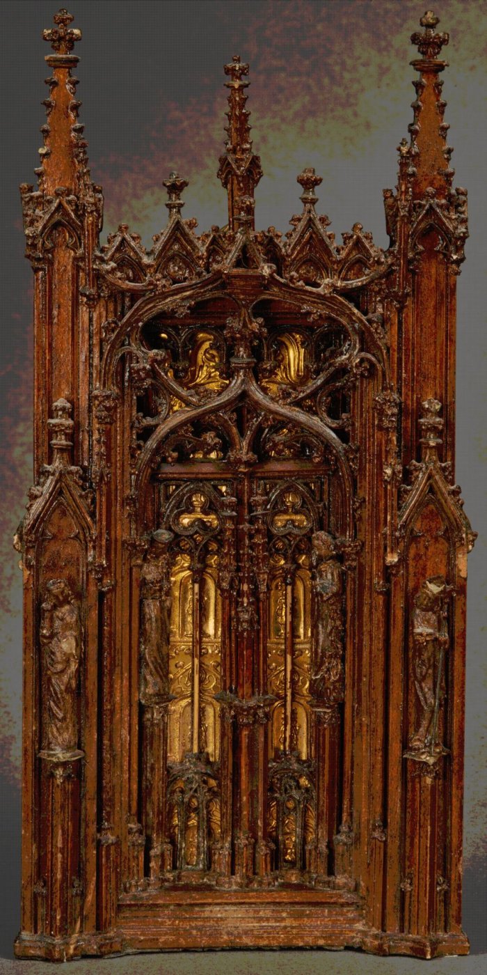 Wandaltar, Datum unbekannt, Privatbesitz, 22 x 10 cm Farbig gefasster Altar mit verschiedenen Heiligendarstellungen.
