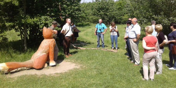 Menschengruppe diskutiert im Grünen.