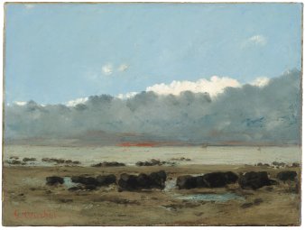Gemälde einer steinigen Landschaft mit Wolken im Hintergrund 