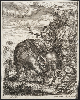 Kupferstich einer Frau, die mit einem Weinglas in der Hand auf einem Elefanten sitzt