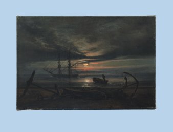 Foto: Johan Christian Dahl (1788-1857), Dänische Küste bei Mondschein © Christoph Heilmann Stiftung am Lenbachhaus in München Ölgemälde eines Schiffswracks bei Nacht