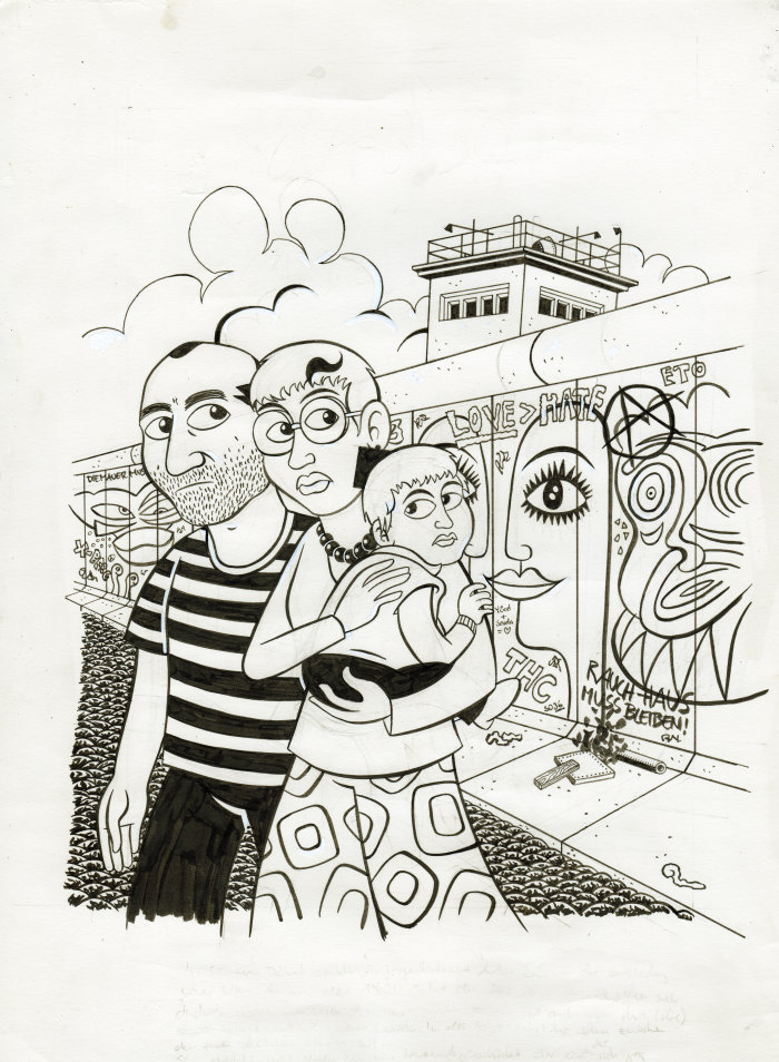 Simon Schwartz: Cover zu "Drüben!", Zeichentusche und Gouache auf Papier, 297x420 mm, 2009 Cartoon zweier Menschen mit Kind vor einer Mauer mit Grafik