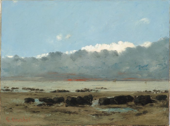 Gustave Courbet: Schwarze Felsen bei Trouville, 1865, Öl/Leinwand Gemälde einer steinigen Landschaft mit Wolken im Hintergrund