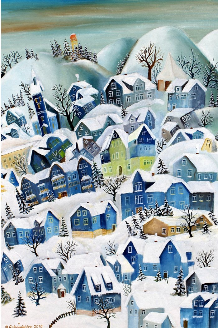 Baldur Schönfelder: Große Bergstadt Neuhaus, 2010, Öl Farbiges Gemälde mit vielen schneebedeckten Häusern, Bäumen und Hügeln