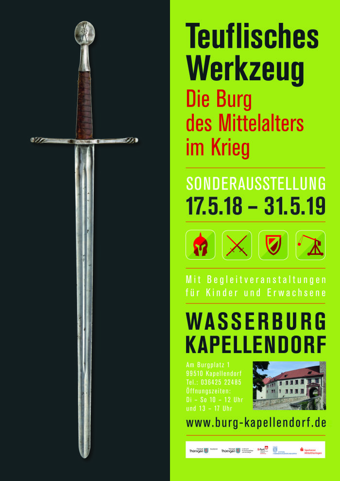 Plakat zur Ausstellung Teuflisches Werkzeug in der Wasserburg Kapellendorf Ein Schwert und Begleittext zur Ausstellung dazu