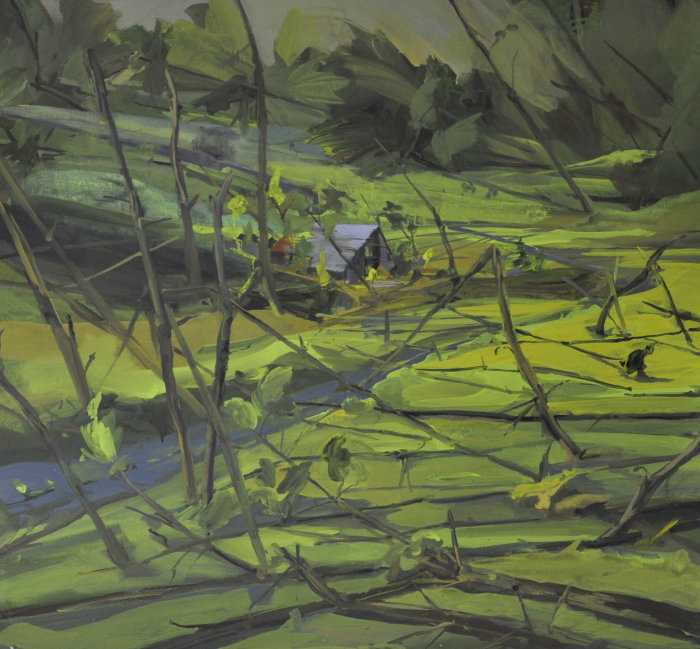 Adam Noack: Wind. 130x180cm, Acryl auf Leinwand, 2015 Gemälde mit grünen Landschaften bei Sturm