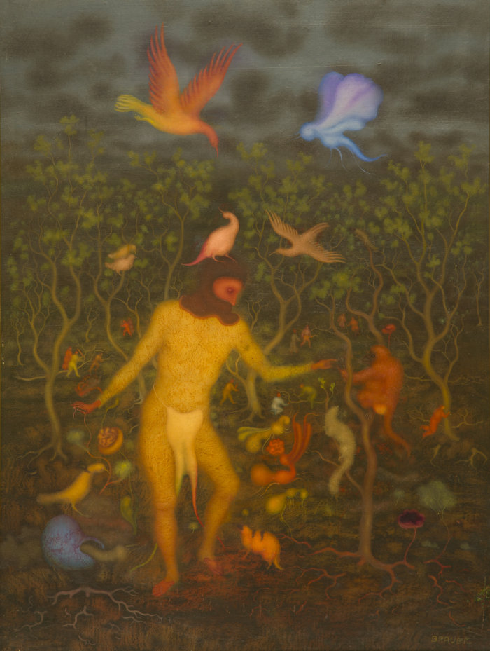 Arik Brauer, Zwischen Freunden, 2015, Öl auf Hartfaserplatte, 67 x 50 cm Mensch inmitten der Tiere.
