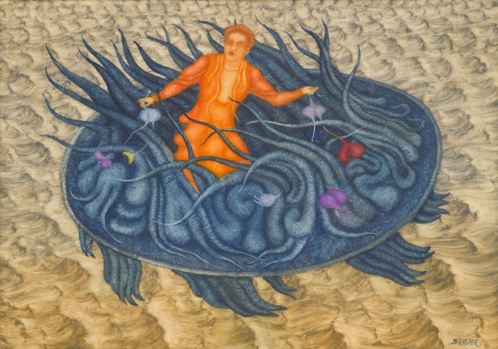 Arik Brauer, Das fliegende Leben, 1997, Tempera auf grundiertem Karton, 49 x 69 cm Stilisierter Mensch